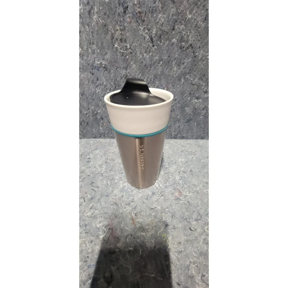 Starbucks 2014 Stainless Steel Ceramic w/Rubber Bottom Teal Ring 12oz Travel Mug